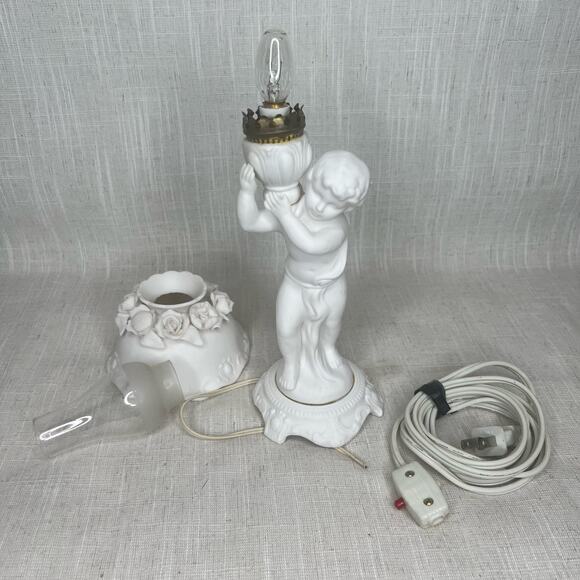 Vintage Porcelain Bisque Nightlight Lamp Shade Boudoir Glass Chimney AS IS - Picture 3 of 10